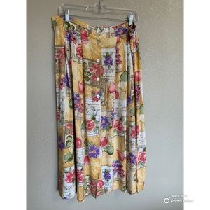 Vintage Kathie Lee Button Front Midi Skirt 90s Floral & Fruit Print